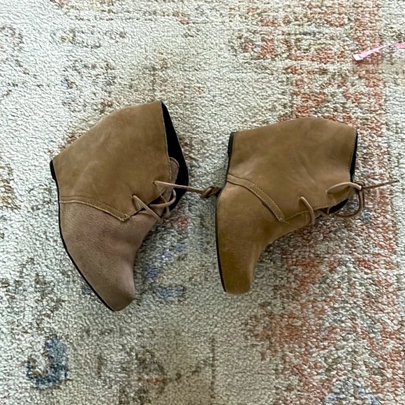 Suede Wedge Booties Y2K Lace Up Tan Neutral Brown Heel Boots - Picture 3 of 5
